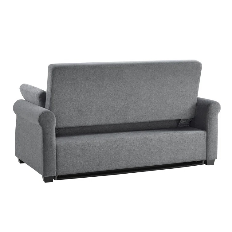 Queen size sleeper sofa in a neutral dark gray fabric.
