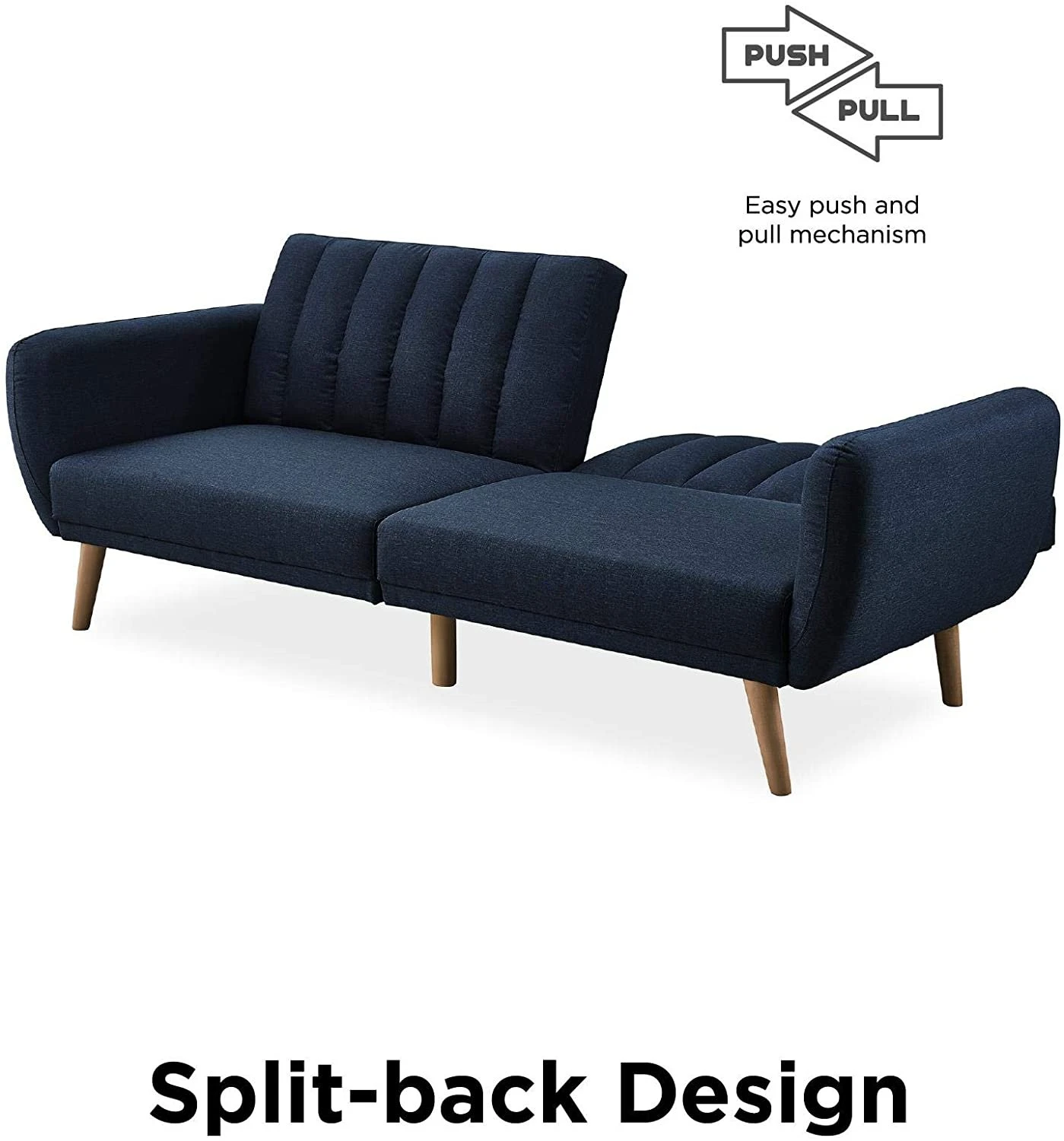 Navy blue futon with wooden and metal frame.