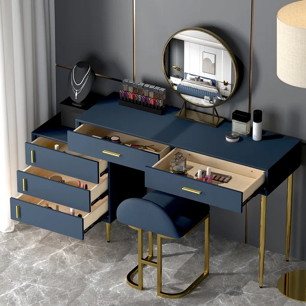 Modern Blue Makeup Vanity Set Retracted Dressing Table Cabinet&Stool&Mirror Included - Kendale Home