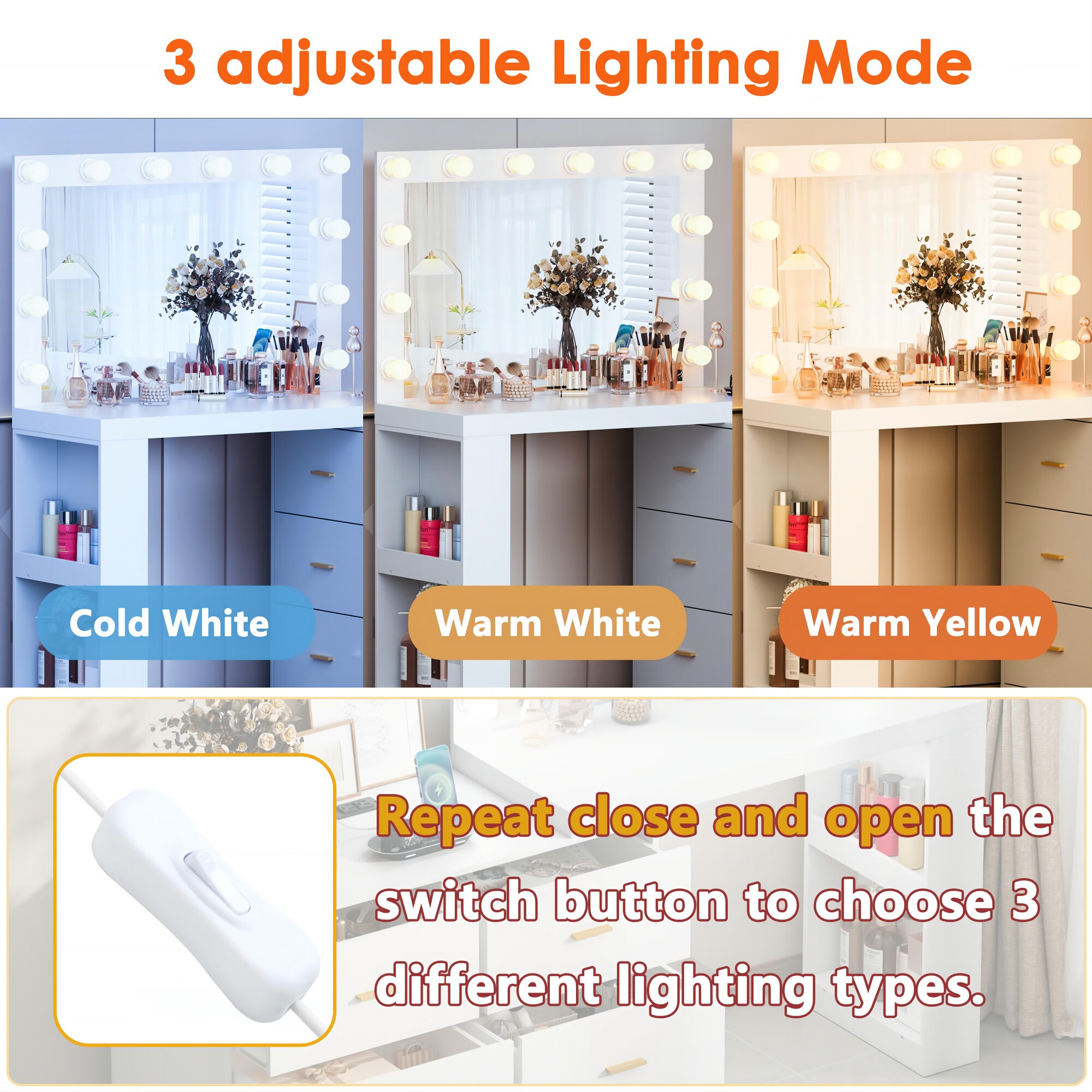 PAKASEP Makeup Vanity Desk with Mirror. 3-Color Lights. Charging Station. 6 Drawers. and Side Storage Shelves for Bedroom. White Vanity Dressing Table - Kendale Home