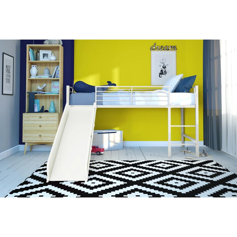 Close-up view of the built-in wooden ladder attached to the side of the loft bed frame.