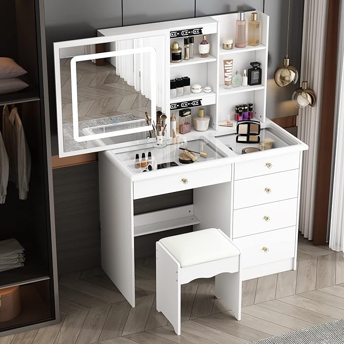 Vanity Stool Set With Sliding Lighted Mirror & Transparent glass panel - Kendale Home
