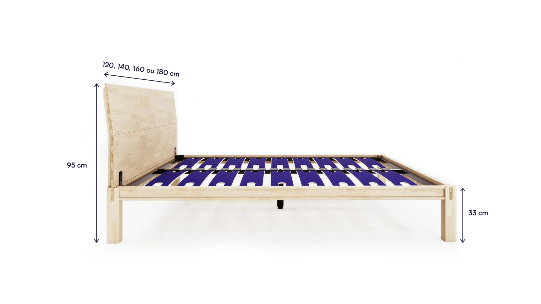 The wooden bed frame shown in a minimalist bedroom setting.