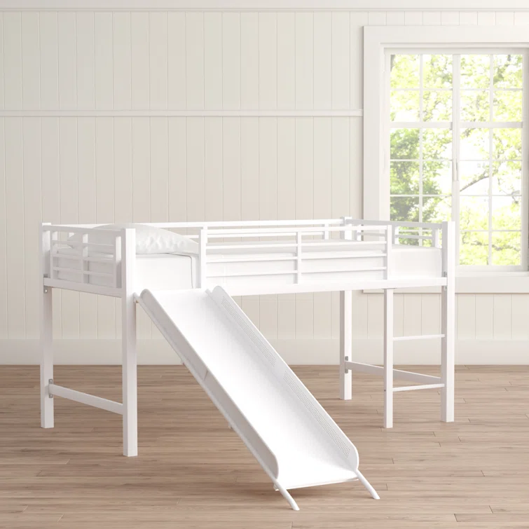 The open space underneath the elevated twin loft bed, perfect for a desk or play area.