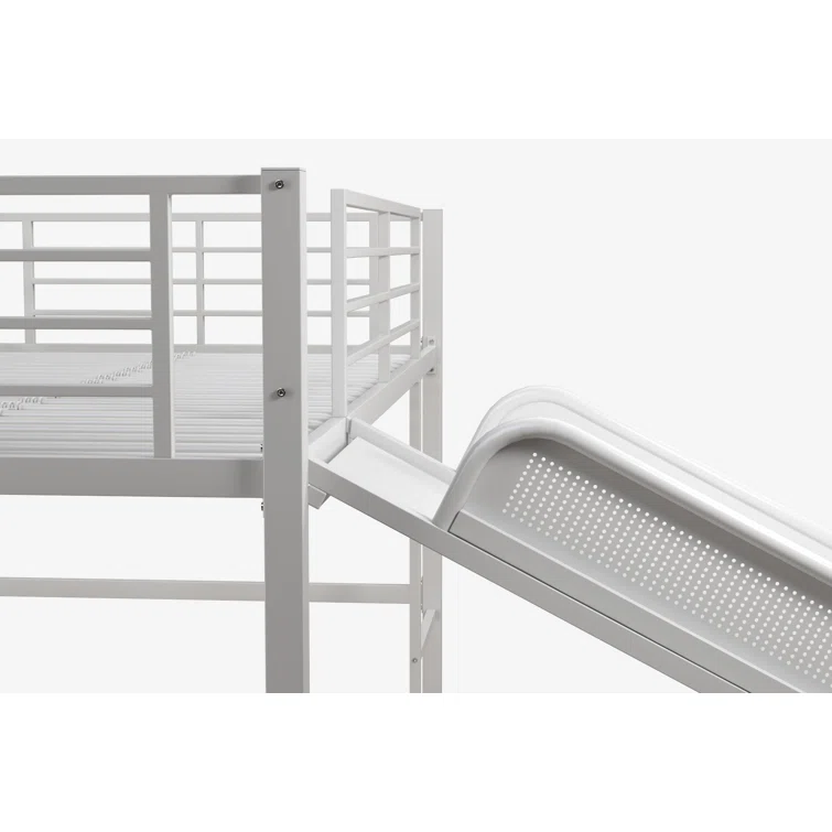 A bedroom setup showing the twin loft bed creating extra floor space for furniture.