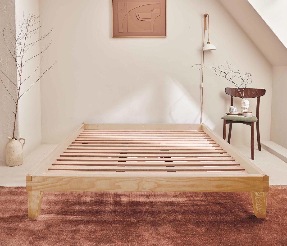 Bed base made from natural ash or okoume wood