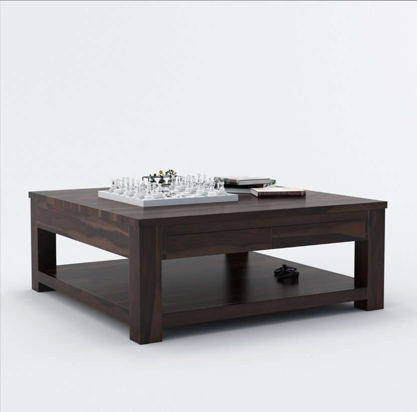 Square coffee table with a solid build and minimalist style.