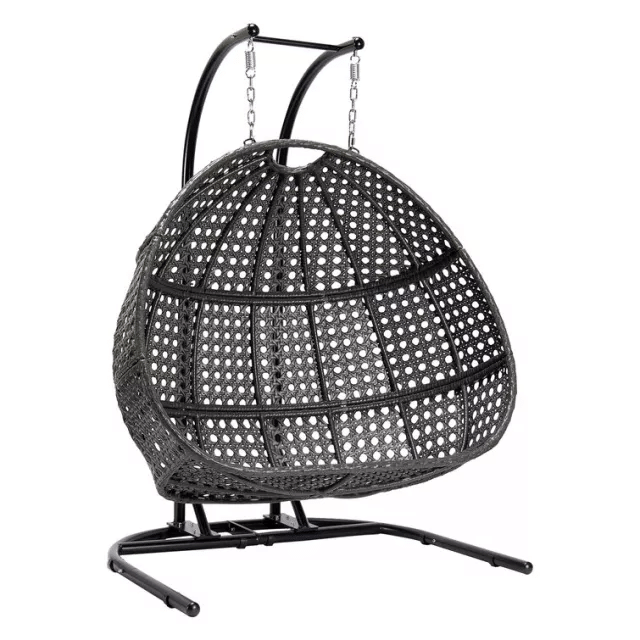Close-up of the swing chair's textured wicker weave and cushions.