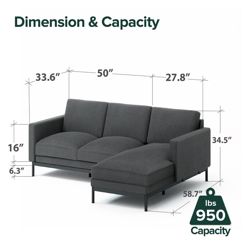 Reversible modular sofa and chaise lounge for flexible room arrangement.