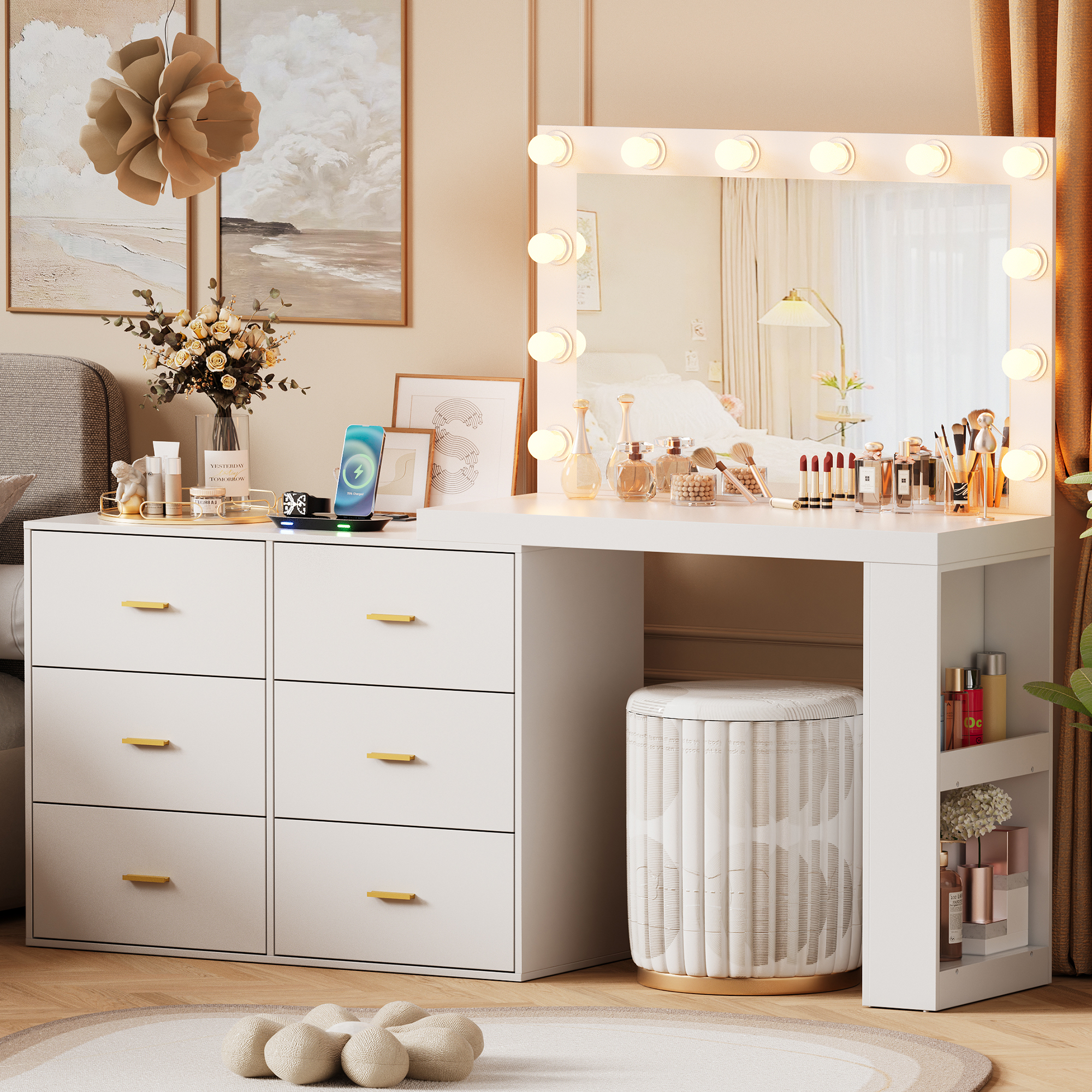 PAKASEP Makeup Vanity Desk with Mirror. 3-Color Lights. Charging Station. 6 Drawers. and Side Storage Shelves for Bedroom. White Vanity Dressing Table - Kendale Home