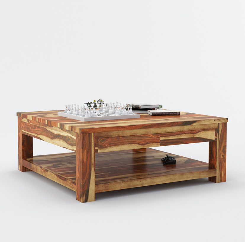 Modern living room centerpiece featuring a substantial square table.