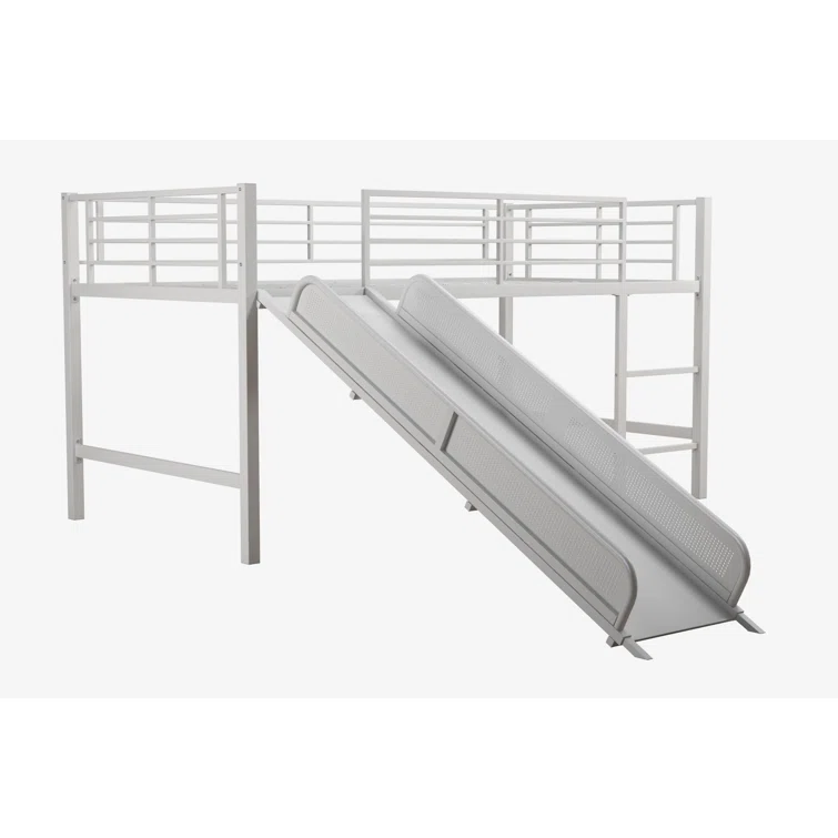 A child safely climbing the integrated ladder to the top bunk of the loft bed.
