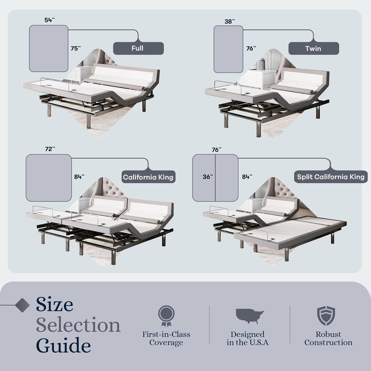 Split King adjustable bed frame with mattress in charcoal grey