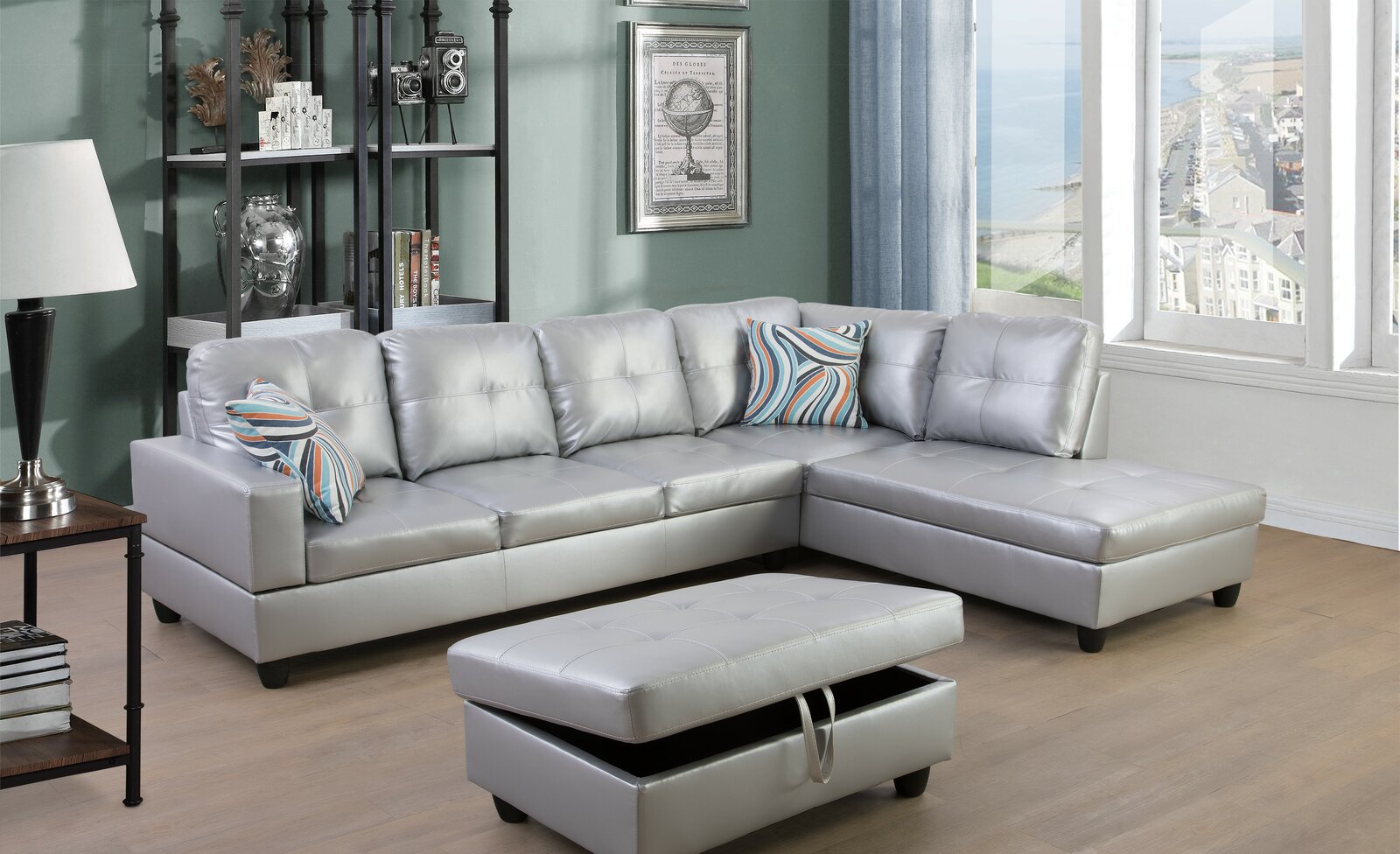 Modern sectional sofa with chaise and coordinating ottoman.