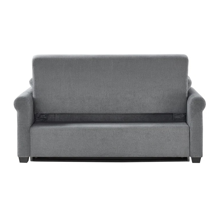 Upholstered sofa with cushions, shown in a dark gray color.