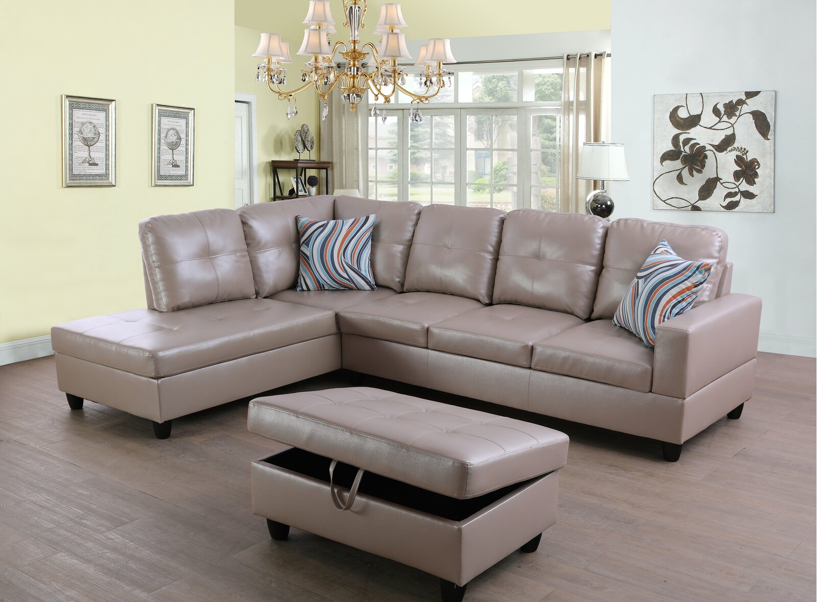 Comfortable reclining sofa set with chaise and footrest.