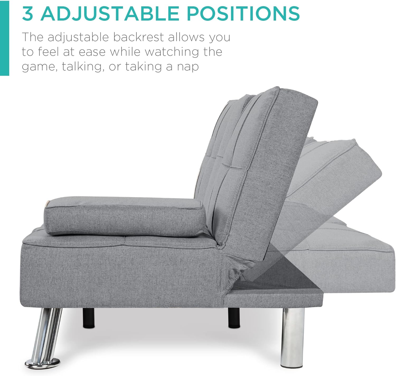 Multi-position futon used for reading or relaxing.