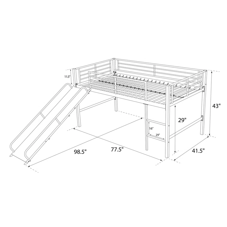 Side angle of the loft bed highlighting the construction and full-length safety rail.