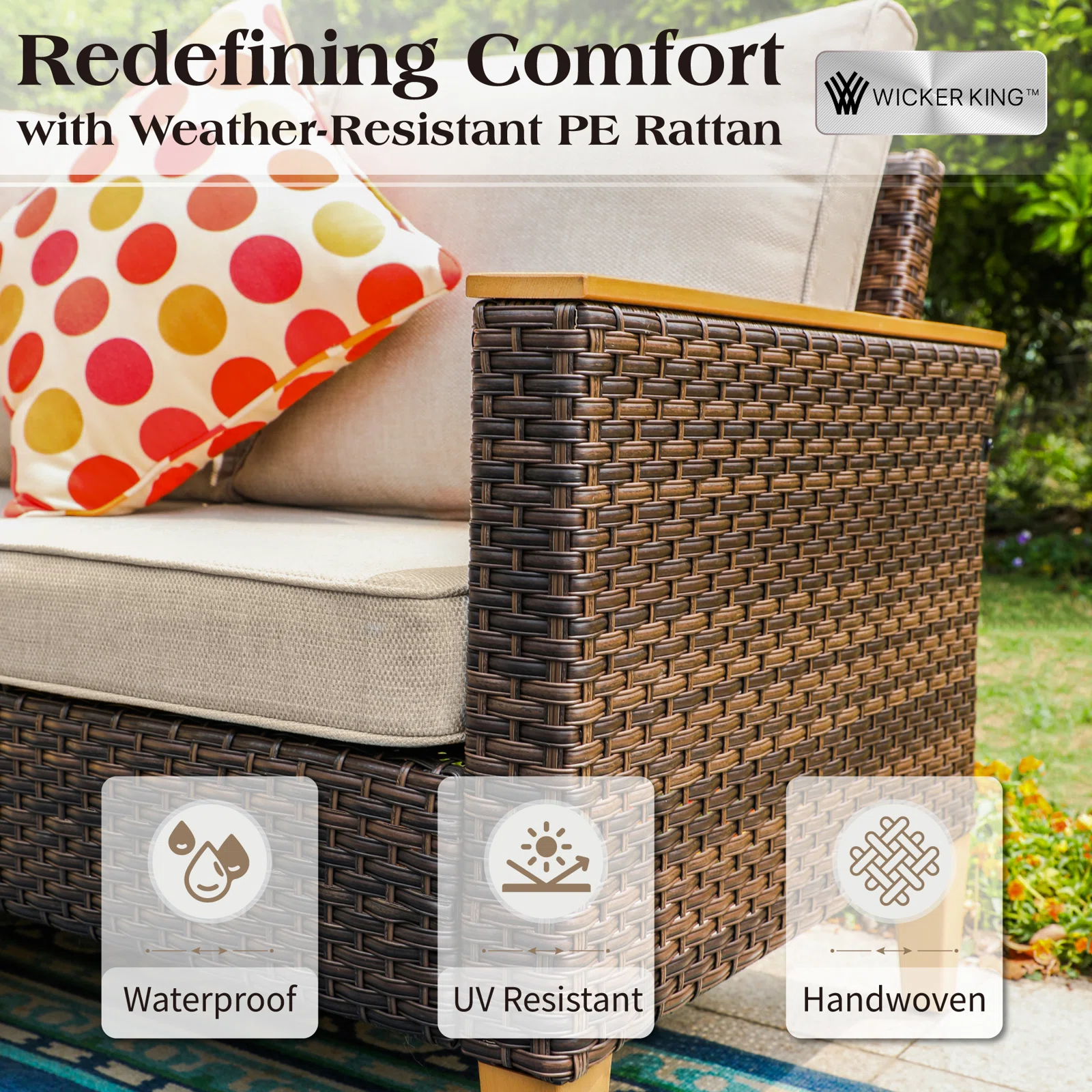 Wicker sectional sofa with cushions in a backyard patio setting.