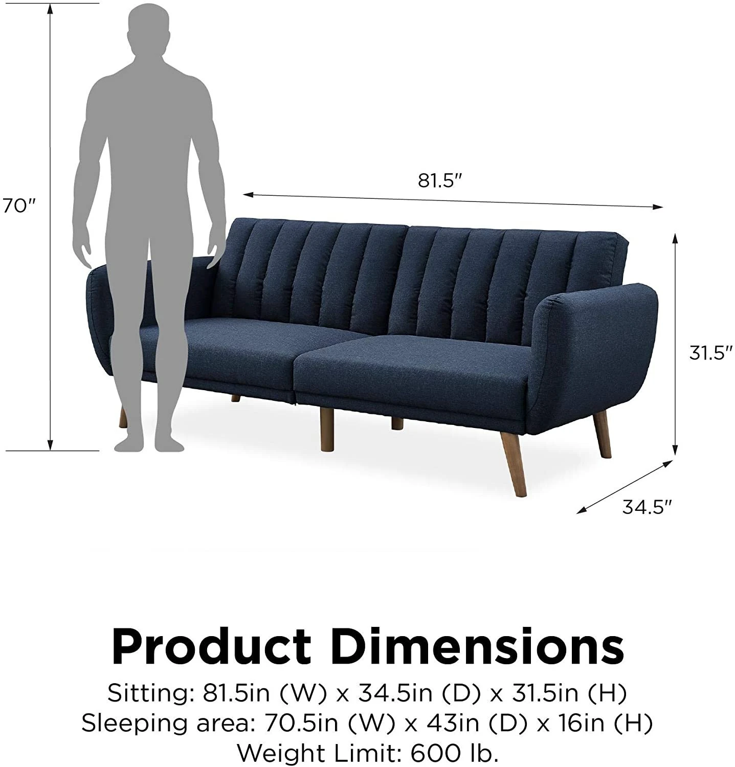 A navy blue linen sofa with a tufted back and metal legs.