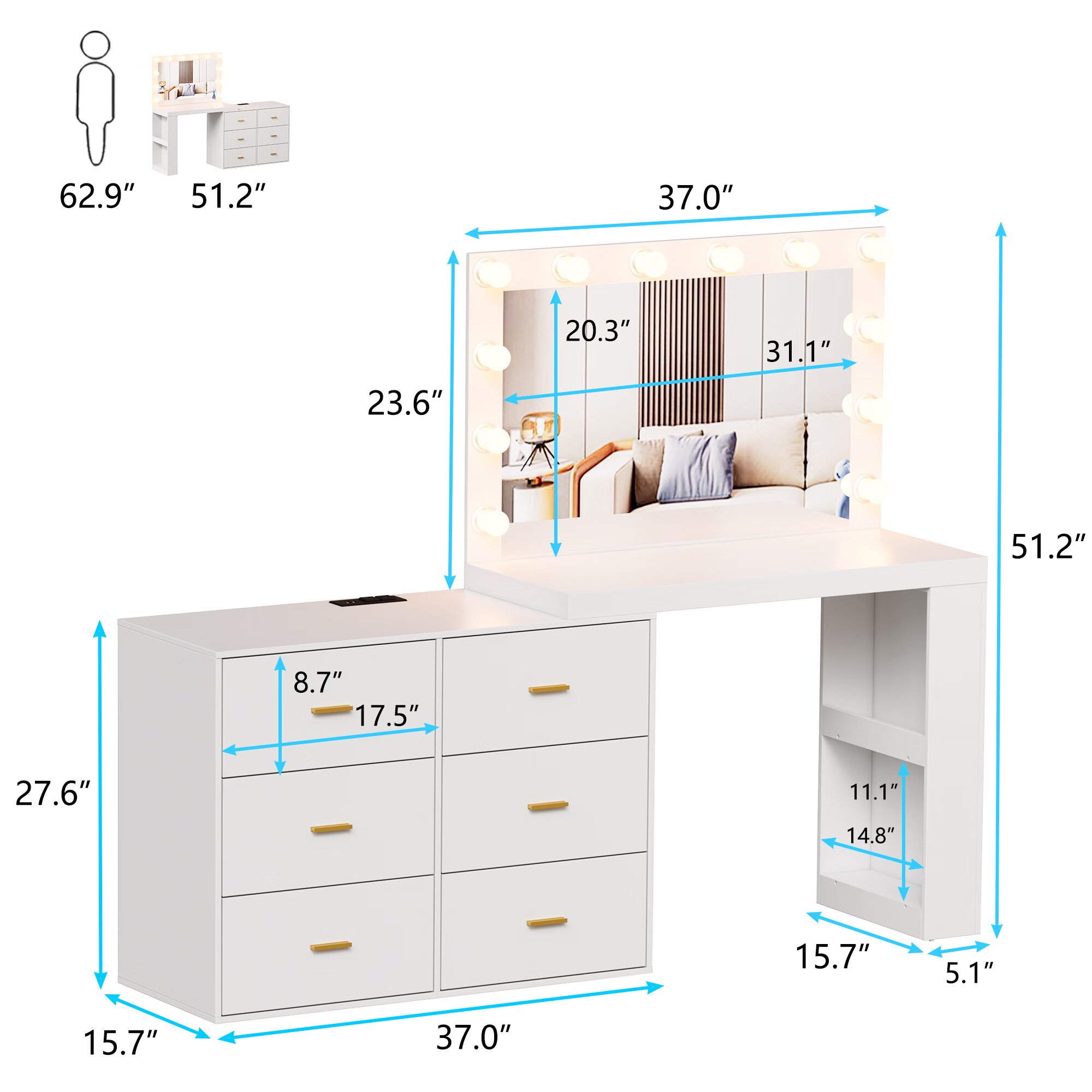 PAKASEP Makeup Vanity Desk with Mirror. 3-Color Lights. Charging Station. 6 Drawers. and Side Storage Shelves for Bedroom. White Vanity Dressing Table - Kendale Home