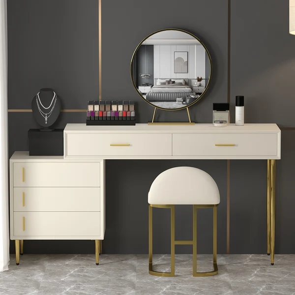 Modern Blue Makeup Vanity Set Retracted Dressing Table Cabinet&Stool&Mirror Included - Kendale Home
